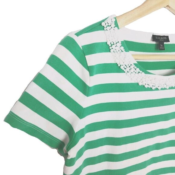 Talbots》 Green & White T-Shirt with Beaded Neckline - Picture 5 of 7